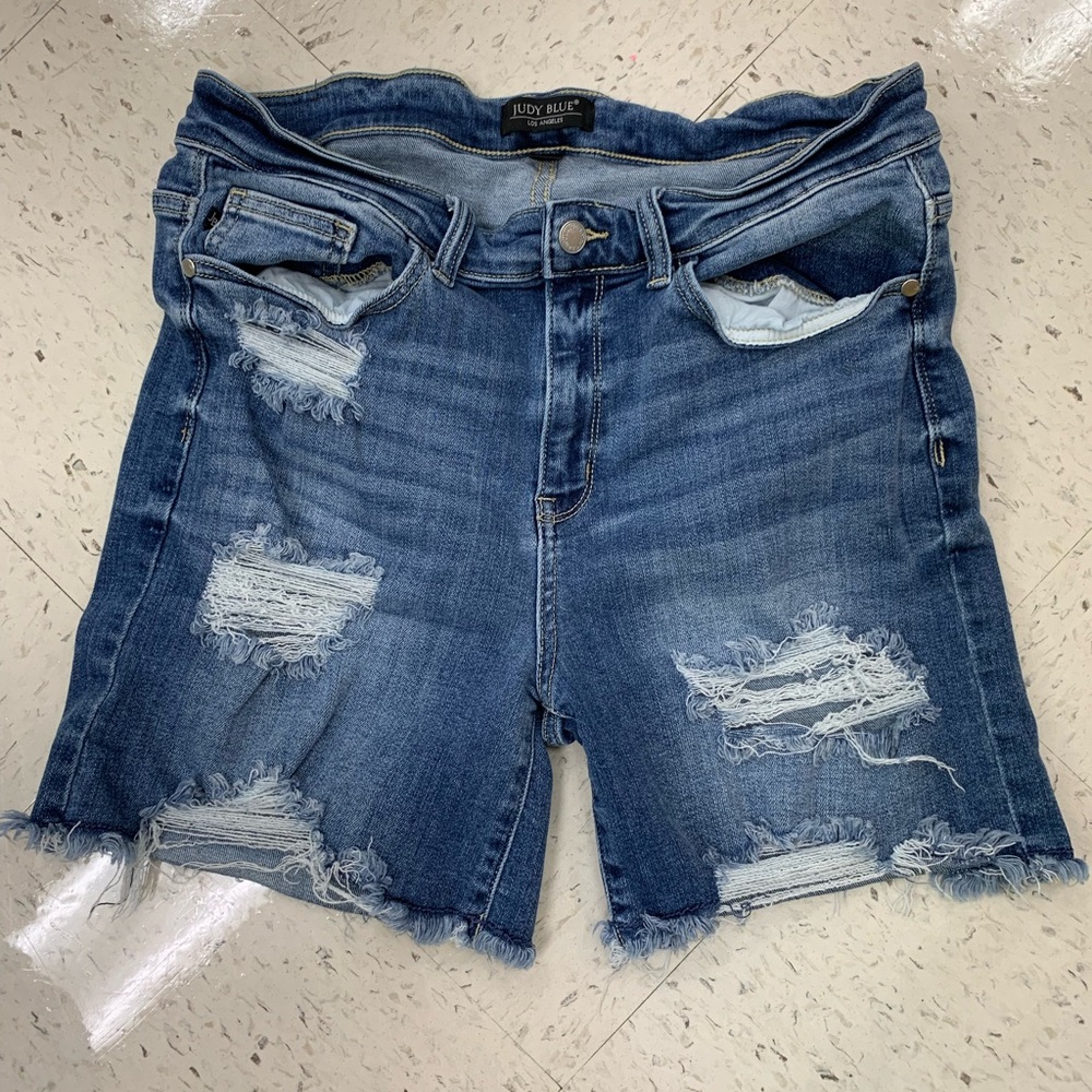 Judy Blue shorts!  Super stretchy and comfy! Distressed, mid thigh length.
